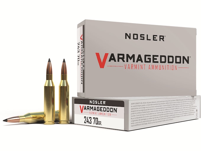 Nosler Varmageddon Ammunition 243 Winchester 70 Grain Polymer Tip Flat Base Box of 20