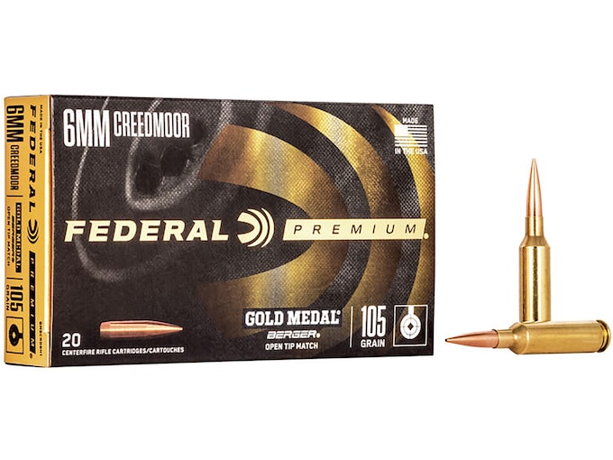 Federal Premium Gold Medal Berger Ammunition 6mm Creedmoor 105 Grain Berger Hybrid Hollow Point Boat Tail