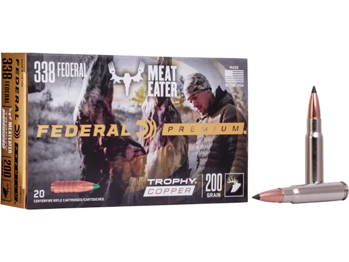 Federal Premium Meat Eater Ammunition 338 Federal 200 Grain Trophy Copper Tipped Boat Tail Lead-Free Box of 20
