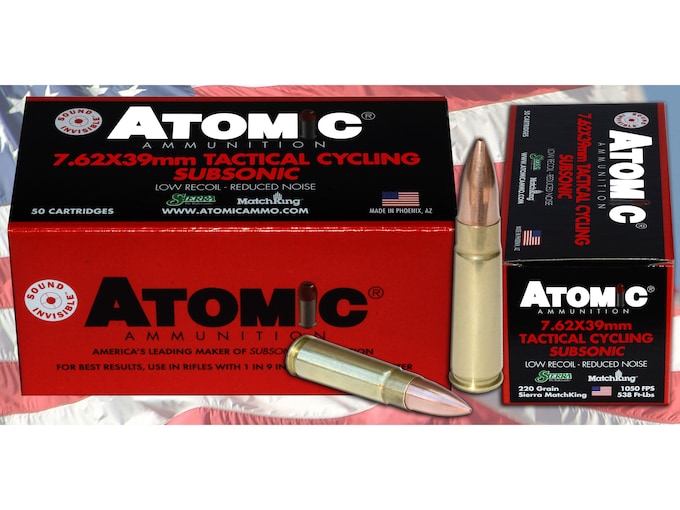 Atomic Tactical Cycling Subsonic Ammunition 7.62x39mm 220 Grain Hollow Point Boat Tail Box of 50