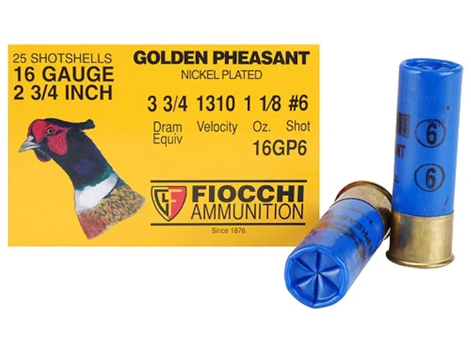 Fiocchi Golden Pheasant Ammunition 16 Gauge 2-3/4" 1-1/8 oz Nickel Plated Shot