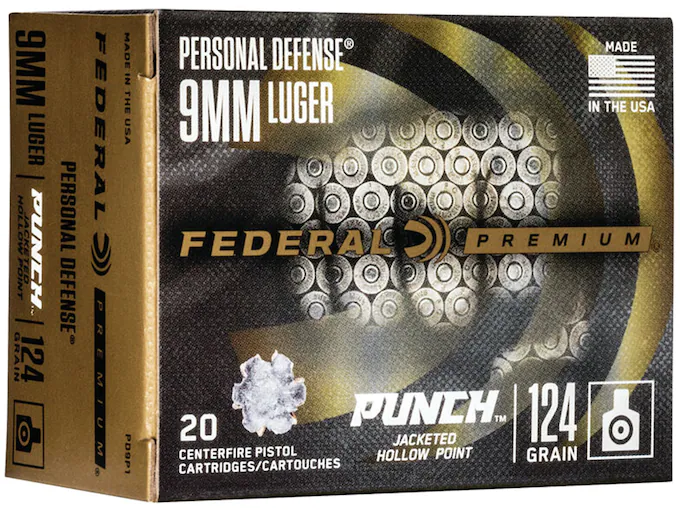 Federal Personal Defense Punch Ammunition 9mm Luger 124 Grain Jacketed Hollow Point Box of 20