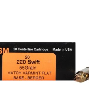 HSM Varmint Gold Ammunition 220 Swift 55 Grain Berger Varmint Hollow Point Flat Base Box of 20