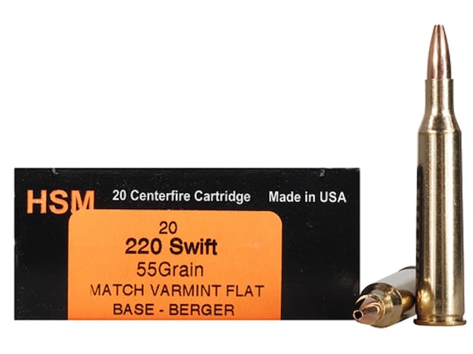 HSM Varmint Gold Ammunition 220 Swift 55 Grain Berger Varmint Hollow Point Flat Base Box of 20