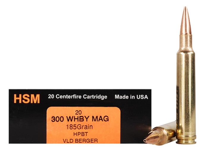 HSM Trophy Gold Ammunition 300 Weatherby Magnum 185 Grain Berger Hunting VLD Hollow Point Boat Tail Box of 20