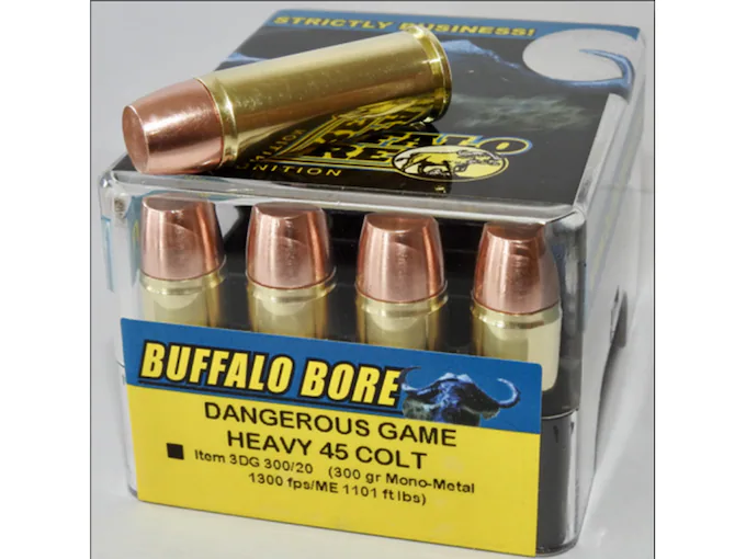 Buffalo Bore Dangerous Game Ammunition 45 Colt (Long Colt) +P 300 Grain Lehigh Mono-Metal Lead-Free Box of 20
