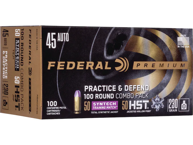 Federal Practice & Defend HST/Syntech Combo Ammunition 45 ACP 230 Grain Jacketed Hollow Point & Total Synthetic Jacket Box of 100