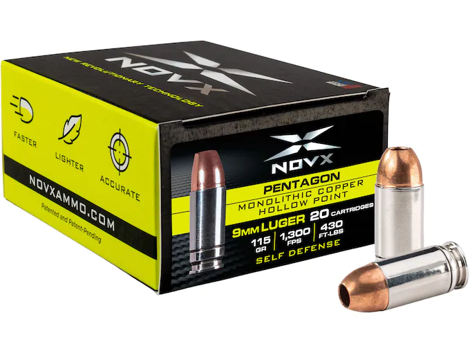NovX Pentagon Self Defense Ammunition 9mm Luger 115 Grain Copper Hollow Point Lead Free Box of 20