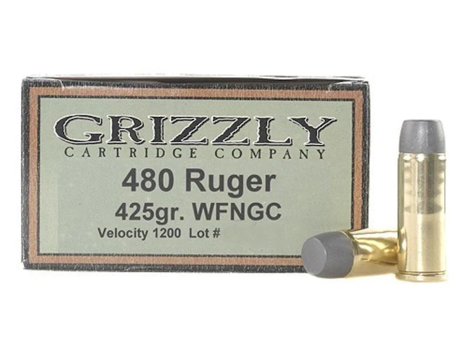 Grizzly Ammunition 480 Ruger 425 Grain Cast Performance Lead Wide Flat Nose Gas Check Box of 20