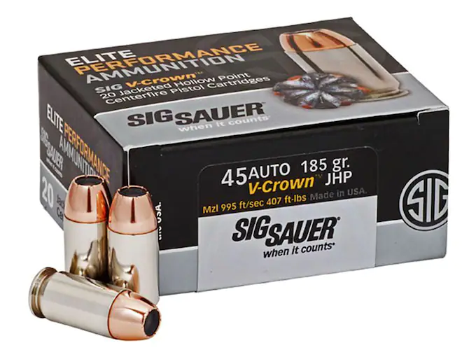 Sig Sauer Elite Performance Ammunition 45 ACP 185 Grain V-Crown Jacketed Hollow Point Box of 20