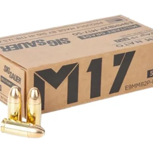 Sig Sauer M17 Military Grade Ammunition 9mm Luger +P 124 Grain Full Metal Jacket Box of 50