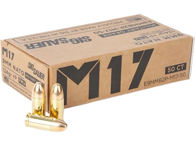 Sig Sauer M17 Military Grade Ammunition 9mm Luger +P 124 Grain Full Metal Jacket Box of 50