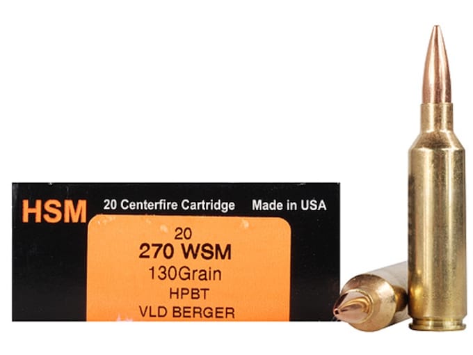 HSM Trophy Gold Ammunition 270 Winchester Short Magnum (WSM) 130 Grain Berger Hunting VLD Hollow Point Boat Tail Box of 20